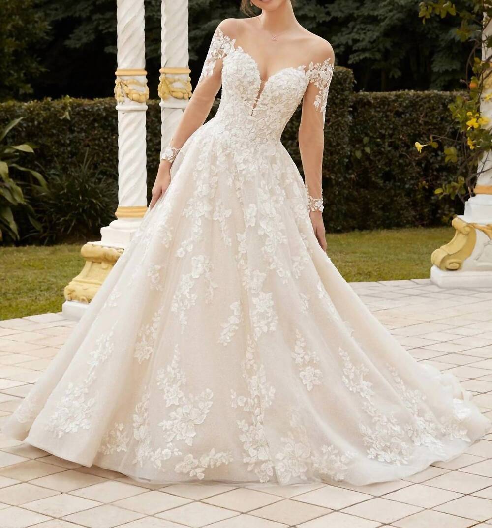NEW SOPHIA TOLLI haven cap sleeve plunging neck wedding gown in ivory/champagne/